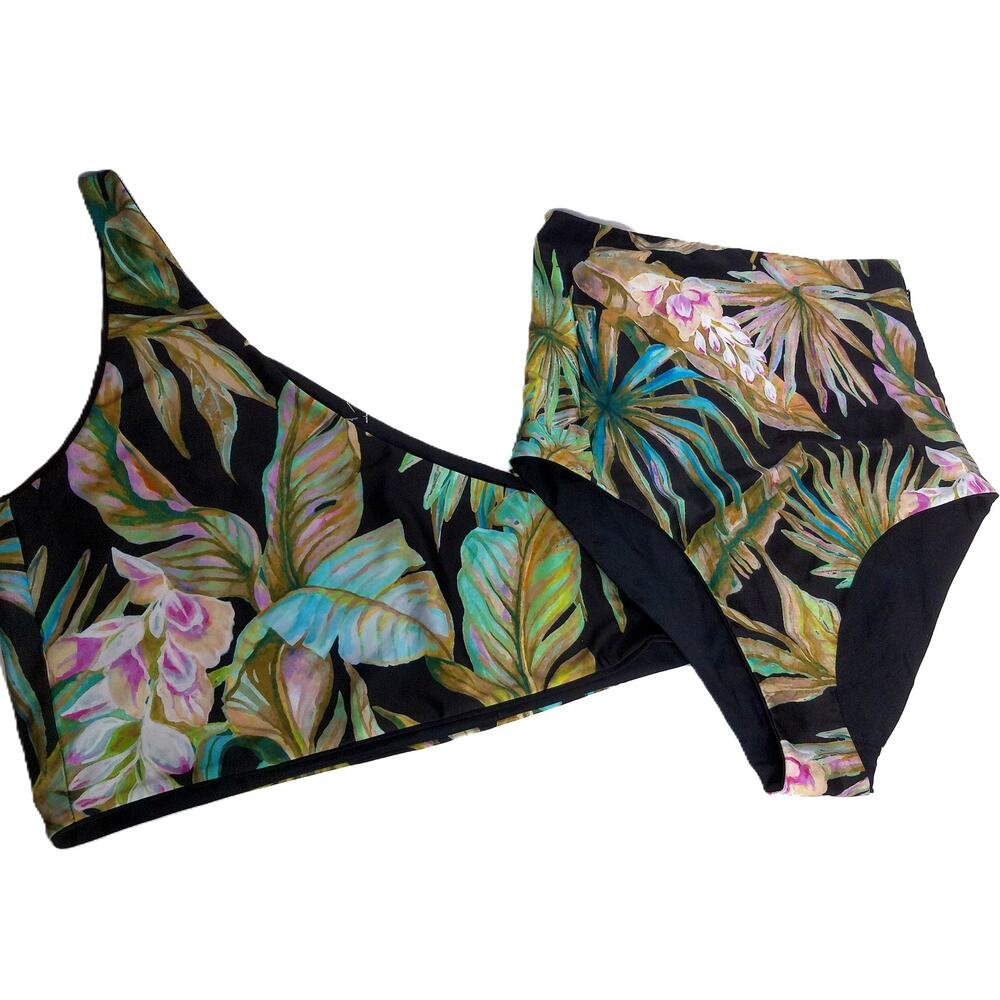 Baiia Martinique Reversible Bikini Set Tropical Floral Black Swim Size 16 NWT
